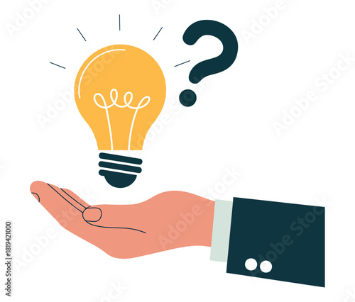 A hand holds up a glowing lightbulb with a question mark hovering nearby.