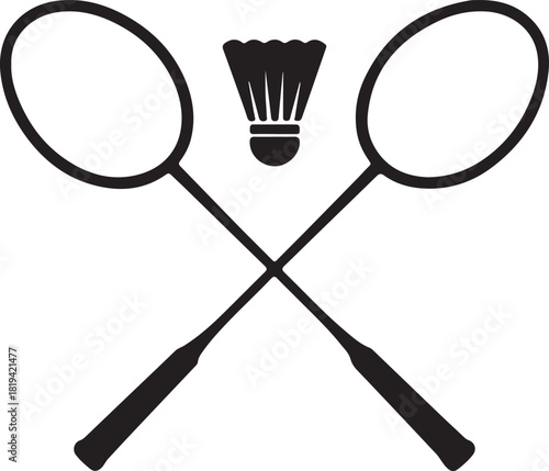 Flat black badminton racket and shuttlecock black silhouettes, vector illustration isolated on white background. 