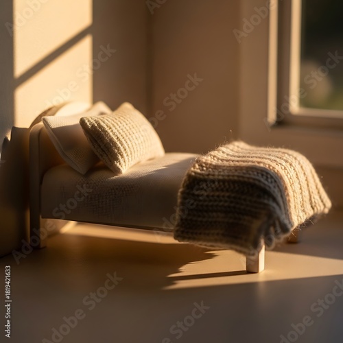 Miniature serene bedroom bathed in warm light, a haven of tranquility
