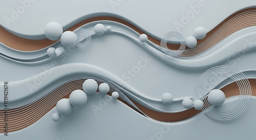 Minimalist abstract display of flowing shapes, orbs and circular lines