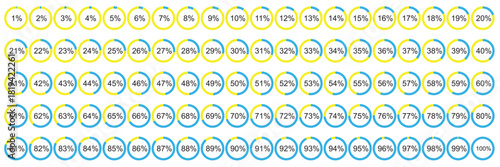 Round loading progress icons. Percentage from 1 to 100. loading, downloading or uploading progress in circle form. Circle diagrams or infographic for UI, apps and web design with progress in percent 