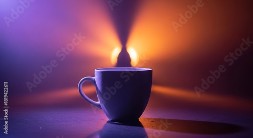 Mystical coffee cup radiates warmth, illuminated against vivid backdrop