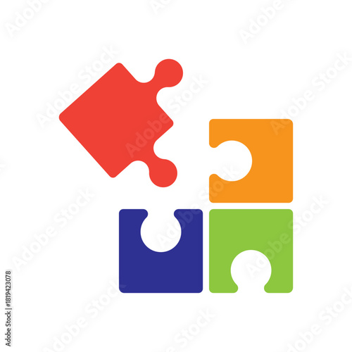 Puzzle icon. Coherence, connection, teamwork concept. Jigsaw sign. Colorful red, orange, green and blue symbol. Isolated on a white background. Editable stroke. Vector illustration. Flat design.