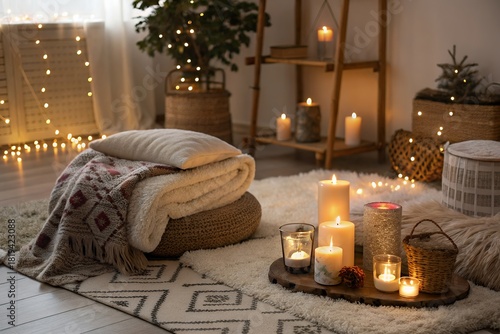 Cozy evening ambiance with candles and warm lights
