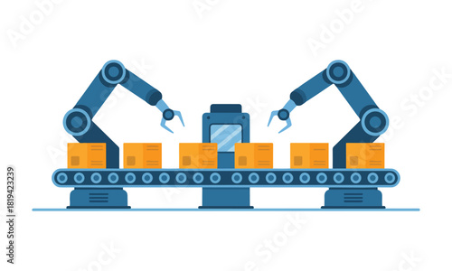 Industrial robots handle boxes on a conveyor belt