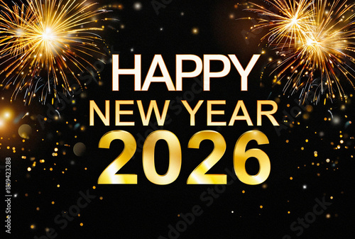 New Year Celebration with Fireworks and Happy New Year 2026 Text