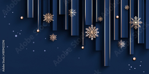 Elegant winter background with 3D snowflakes and golden balls hanging from vertical navy stripes on dark blue backdrop