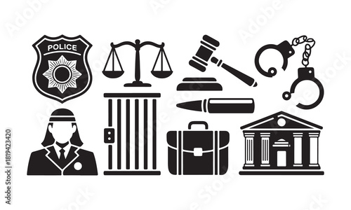 Symbols of law, justice, police, crime, and order