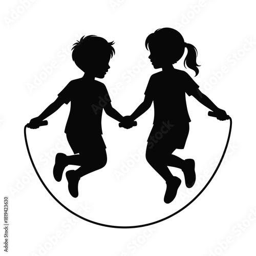 Silhouette of a boy and girl jumping rope isolated on