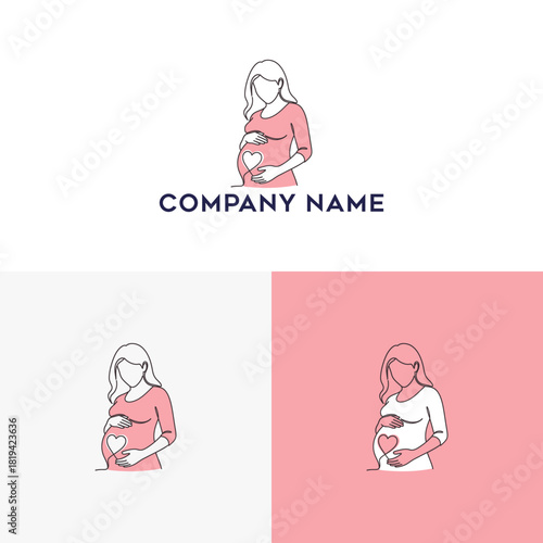 Elegant pregnancy logo featuring a woman holding her belly with heart symbol in minimalist design