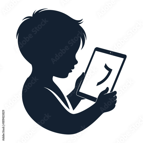 Silhouette of a child using a tablet isolated on