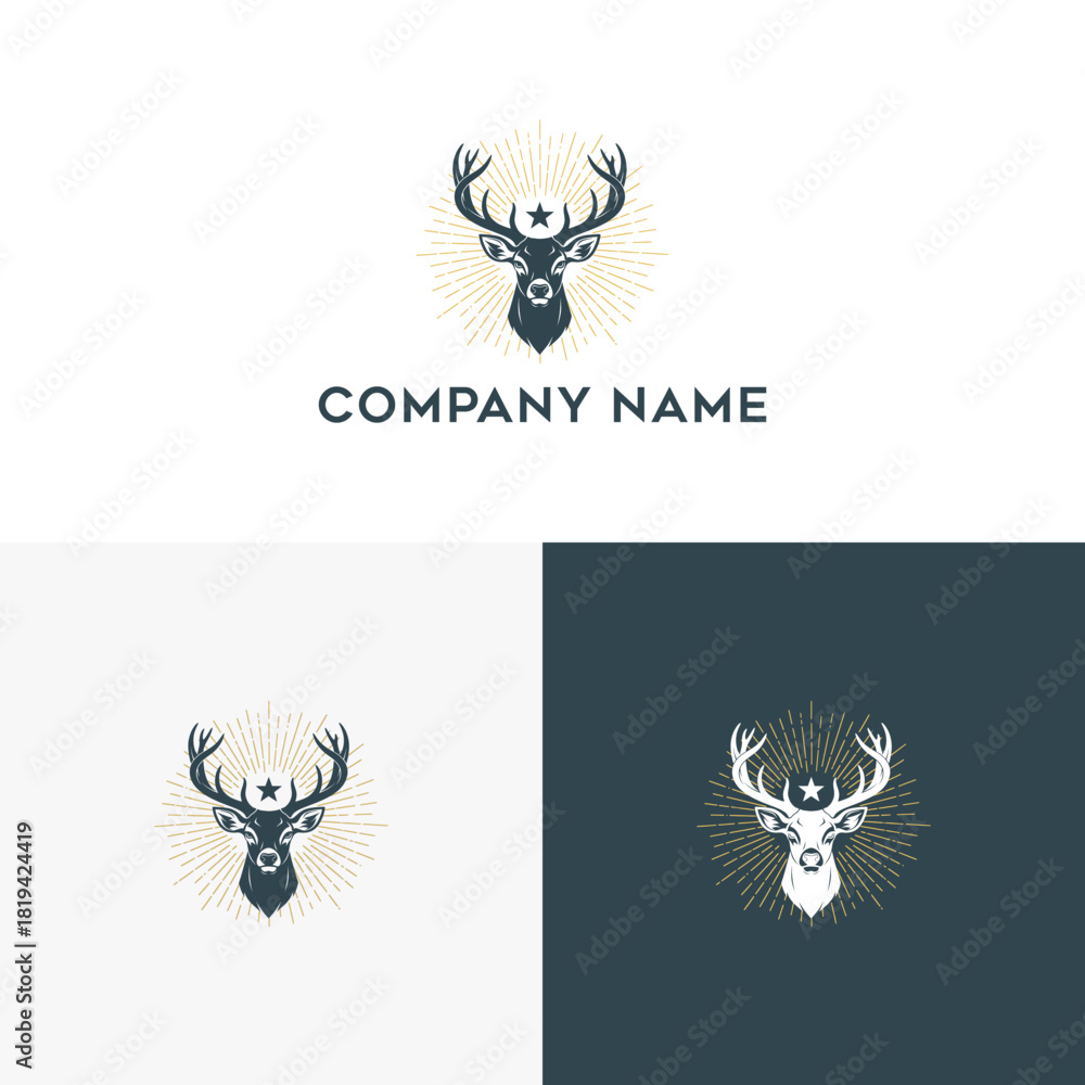 Fototapeta premium Retro Deer Head Emblem with Starburst Rays, Majestic Wildlife Emblem Design for Branding