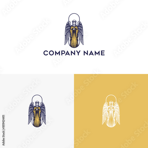 Majestic stylized winged figure logo design with a radiant halo, ideal for corporate branding and symbolic representation. This vector emblem conveys power and grace