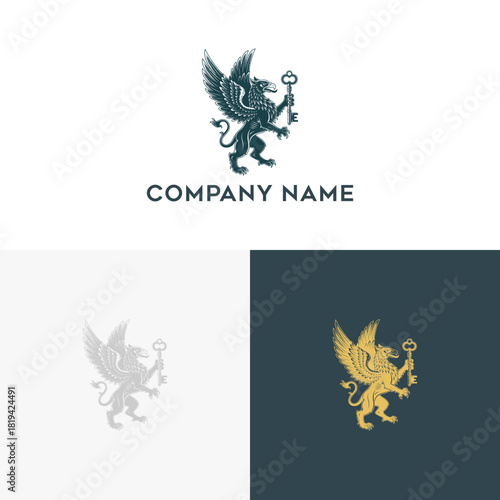 Mythological Griffin Holding a Key Emblem for a Sophisticated Brand Identity or Company Logo Design