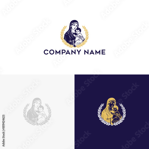 Vintage logo illustration of Madonna and Child, a symbol of maternal love, faith, and grace encircled by a laurel wreath