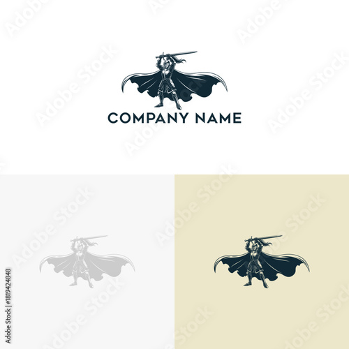 Heroic knight in full armor with a raised sword and flowing cape. A powerful emblem of strength, valor, and protection for a brand identity