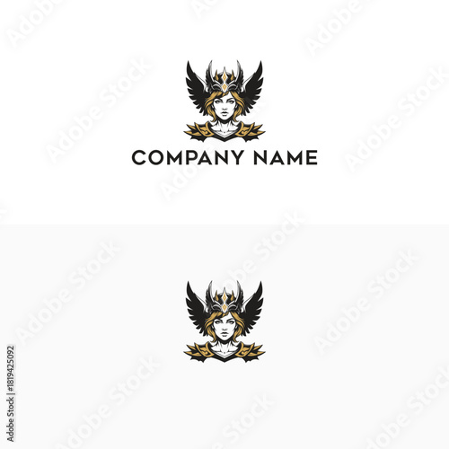 Majestic Valkyrie Logo Design with Golden Accents and Winged Crown