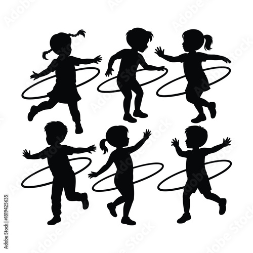 Silhouette of children playing with hula hoops isolated on