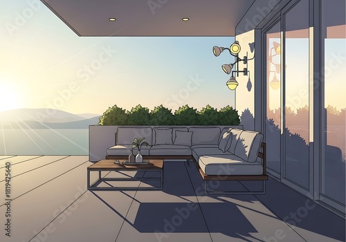 Serene sunrise view from a modern terrace with stylish outdoor furniture