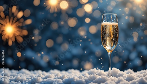 Champagne flute in snow with fireworks. Sparkling wine glass against blue night sky and golden bokeh lights, festive winter holiday and New Year celebration scene.