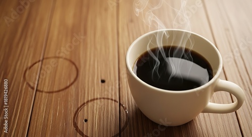 Steaming brew on rustic wood backdrop, evokes warmth and comfort