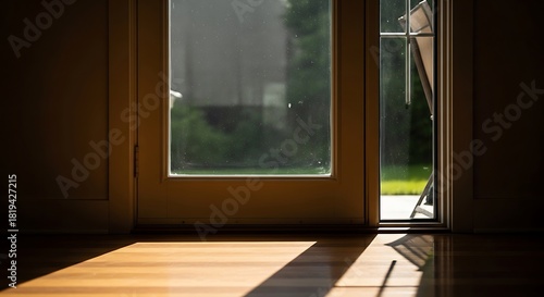 Sunlit doorway with hardwood floor showcasing interior illumination contrast