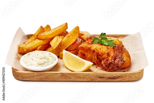 Crunchy fish with chips presentation, Hearty battered seafood served with thick cut fries and garnish