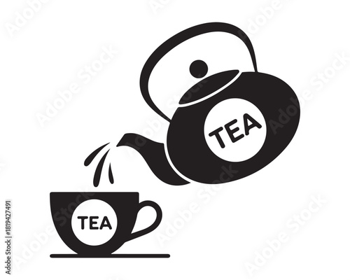 Teapot pouring tea into cup, hot drink beverage