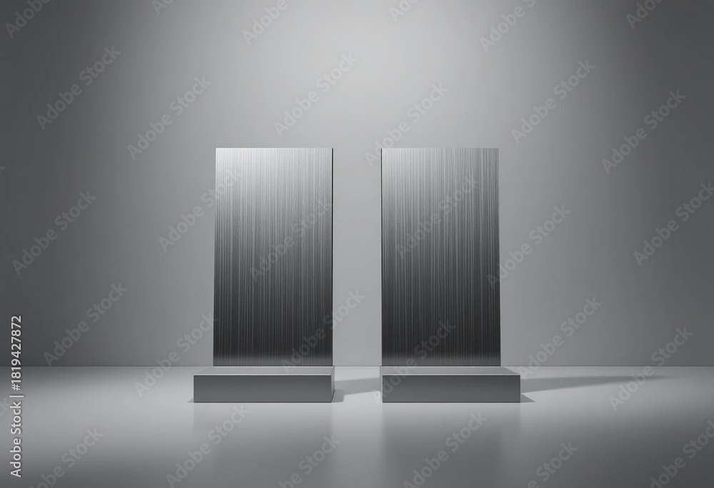 Fototapeta premium Two brushed metal panels stand on minimal pedestals. A clean gray studio environment provides a sleek backdrop. This abstract scene offers generous presentation space.
