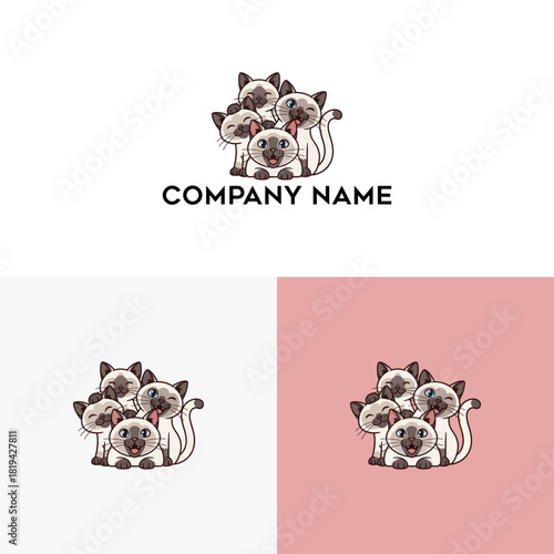Adorable stack of cheerful Siamese cats, perfect for a modern pet store logo or animal care brand identity, symbolizing companionship and warmth for your business