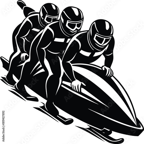 Dynamic bobsled team action silhouette vector featuring athletes speeding downhill in a sleek sled. Perfect for sports graphics, winter competition designs, logos, and athletic illustrations.