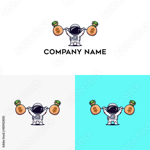 A powerful cartoon astronaut mascot lifting money bags like a barbell, symbolizing financial strength, investment growth, and cosmic success