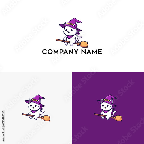Cute cartoon white cat character in a purple witch hat flying on a broomstick. A magical feline mascot for Halloween or fantasy themes