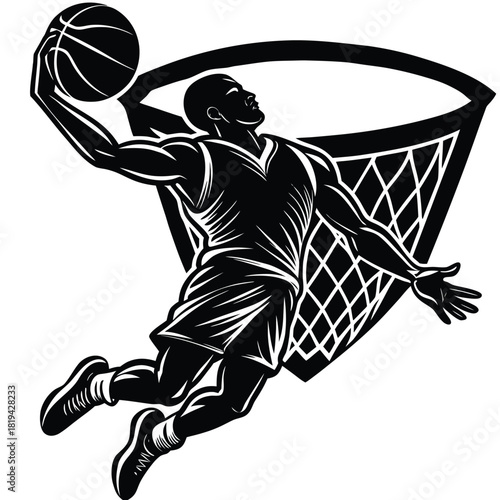 Layup silhouette vector capturing a basketball player performing a layup in mid-air. Perfect for sports graphics, team branding, basketball posters, athlete logos, apparel, and digital artwork.