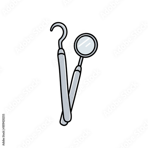 Dental mirror and hook in minimalist line art style in monochrome colors representing stomatology and professional tools