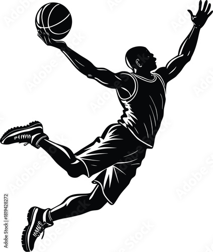 Slam dunk mid-air silhouette vector showing dynamic basketball action. Ideal for sports graphics, team branding, basketball posters, athlete logos, apparel, and digital illustration projects.