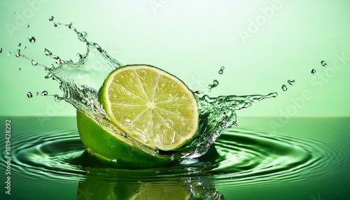 lime splashing into green surface with lime wedge creating water droplets and ripples