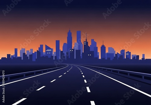 Vector Illustration of a Cityscape at Dusk with Roadway Leading Forward
