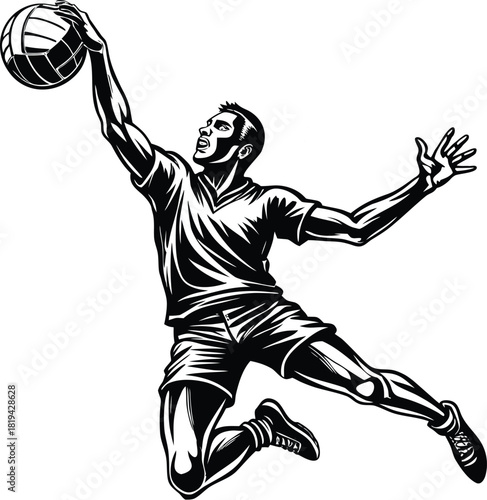 Volleyball player spiking silhouette vector featuring powerful action pose with clean bold lines, ideal for sports branding, team logos, posters, apparel designs, tournaments, and digital artwork.