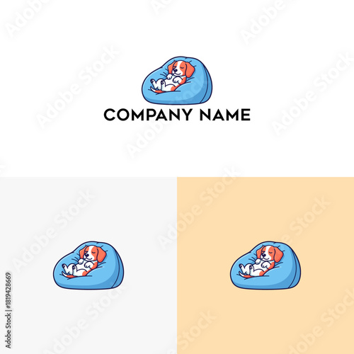 Charming logo design of a small fluffy dog relaxing on a cozy bean bag, representing comfort, pet care, and a friendly brand identity
