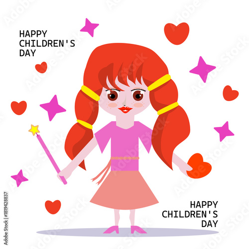 Vector illustration of a girl with red long hair. A girl in a skirt, holding a heart in one hand and a magic wand with a star on top in the other. The inscription: 