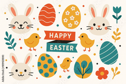 Modern flat Easter vector set with cheerful bunny faces abstract egg designs confetti banners baby chicks and garden motifs bold shapes balanced composition high quality vector finish white background