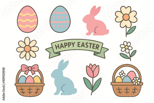 High quality Happy Easter vector icon set featuring pastel colored eggs spring flowers bunny silhouettes decorative ribbons and festive baskets clean flat style shapes crisp outlines minimal shading 