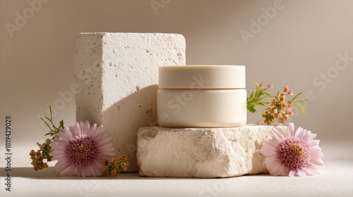 Face cream bottle on stone silver lid translucent scrub skin care product.