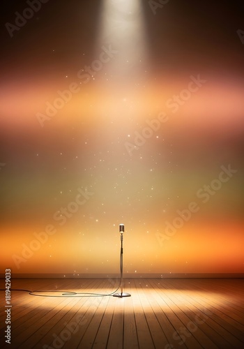 Vintage microphone under a spotlight on an empty stage, ready to perform