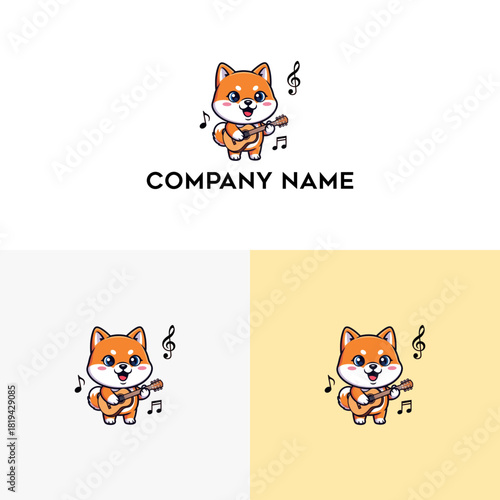 Cute Shiba Inu Dog Playing Guitar And Singing With Musical Notes Around It