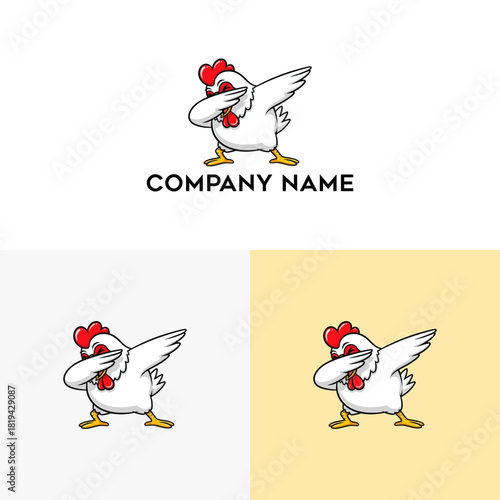 Energetic cartoon chicken mascot illustration in a playful dab pose, ideal for a modern restaurant, fast food brand, or any fun business logo design