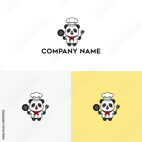 Cute Chef Panda Mascot Holding Frying Pan and Spatula, Perfect for Restaurant or Food Business Logo Design