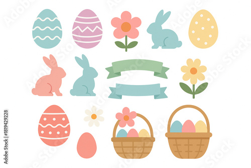 High quality Happy Easter vector icon set featuring pastel colored eggs spring flowers bunny silhouettes decorative ribbons and festive baskets clean flat style shapes crisp outlines minimal shading 