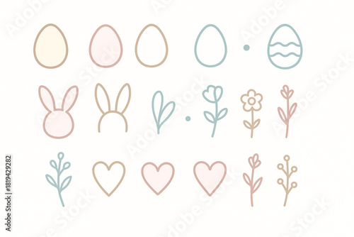 Minimalist Easter outline icon pack featuring simple egg shapes bunny ears floral stems hearts and small decorative dots uniform stroke width monochrome or light pastels clean vector style 